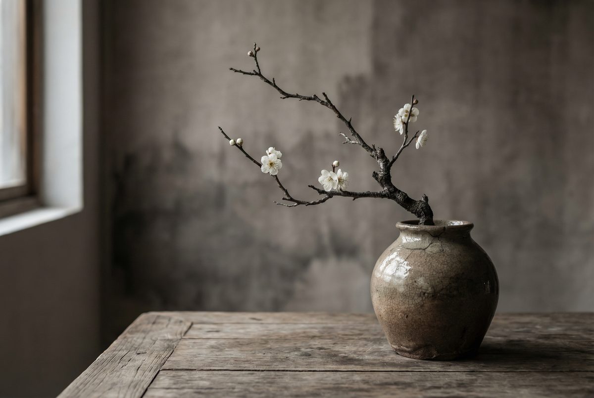 糖心Vlog侘寂美学 - 白梅枝与陶器的静物之美 - www.gfbutsg.cn